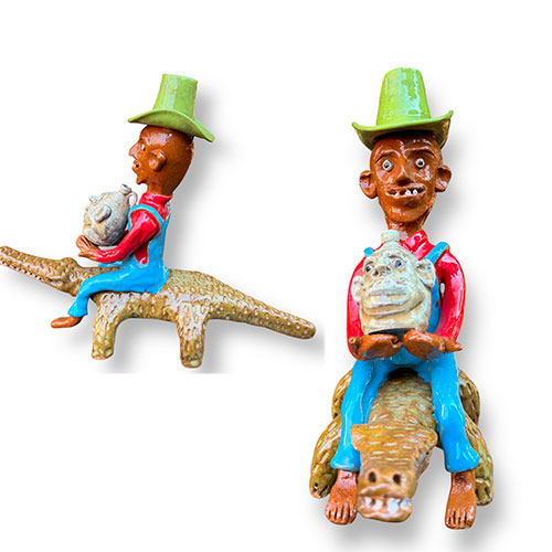 Marvin Bailey 13" Farmer Holding a Face Jug While Riding an Alligator DP5957